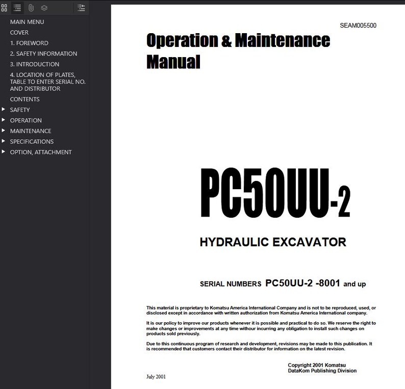 May include: A white manual titled "Operation & Maintenance Manual" for a PC50UU-2 Hydraulic Excavator. The manual includes a table of contents, safety information, and specifications. The serial numbers are PC50UU-2-8001 and up.