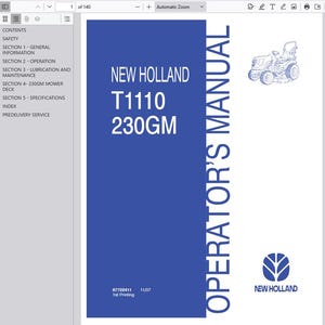 Operators - T1110 Tractor and 230GM Mid-Mount Mower Deck New Holland Owners Operation Manual PDF Download