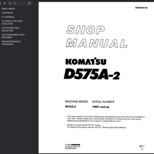 Op de afbeelding: Een witte omslag van een werkplaatshandboek met de titel "SHOP MANUAL" in grote, omlijnde letters. Daaronder staat "KOMATSU D575A-2". De handleiding bevat informatie over het machinemodel en het serienummer, evenals een copyrightvermelding.