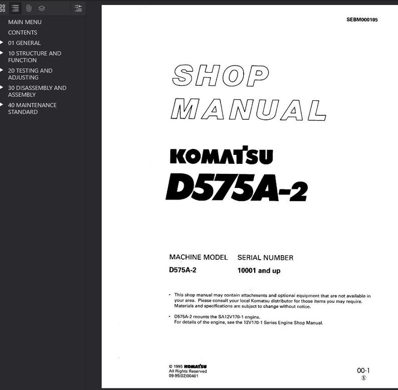 Op de afbeelding: Een witte omslag van een werkplaatshandboek met de titel "SHOP MANUAL" in grote, omlijnde letters. Daaronder staat "KOMATSU D575A-2". De handleiding bevat informatie over het machinemodel en het serienummer, evenals een copyrightvermelding.