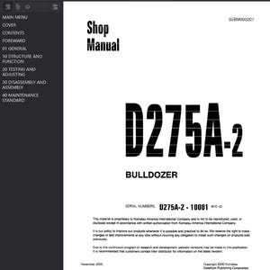 May include: A white shop manual titled "Shop Manual" with the model number "D275A-2" and the word "Bulldozer" in large, bold, black text. The manual's serial numbers are D275A-2-10001 and up.