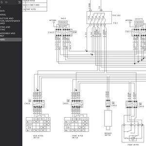 May include: Detailed black and white schematic diagram of a vehicle's electrical system, including wiring, connectors, and labels for components like the radio, cassette player, and wiper switches. The diagram includes text labels.