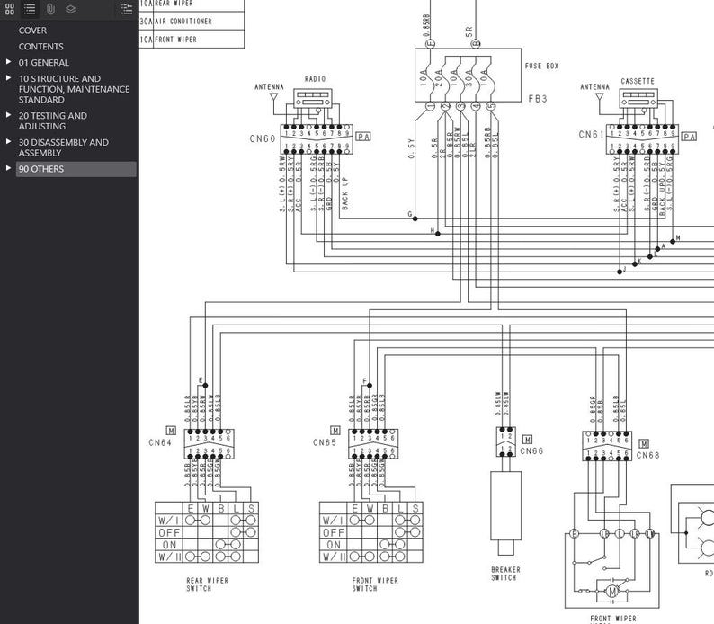 May include: Detailed black and white schematic diagram of a vehicle's electrical system, including wiring, connectors, and labels for components like the radio, cassette player, and wiper switches. The diagram includes text labels.