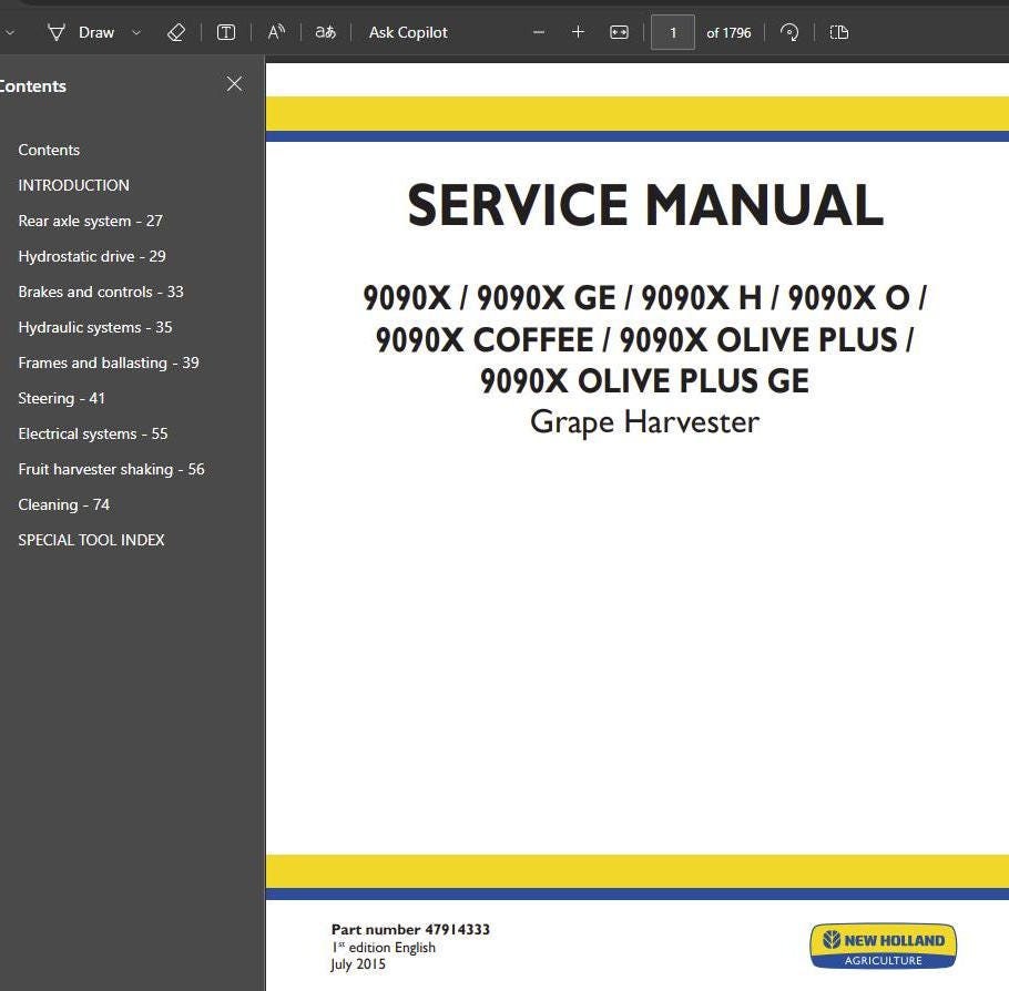 9090X GE-9090X H-9090X O-9090X CAFÉ 9090X Olive Plus Ge Cosechadora de uvas New Holland Manual de servicio y reparación PDF Descargar