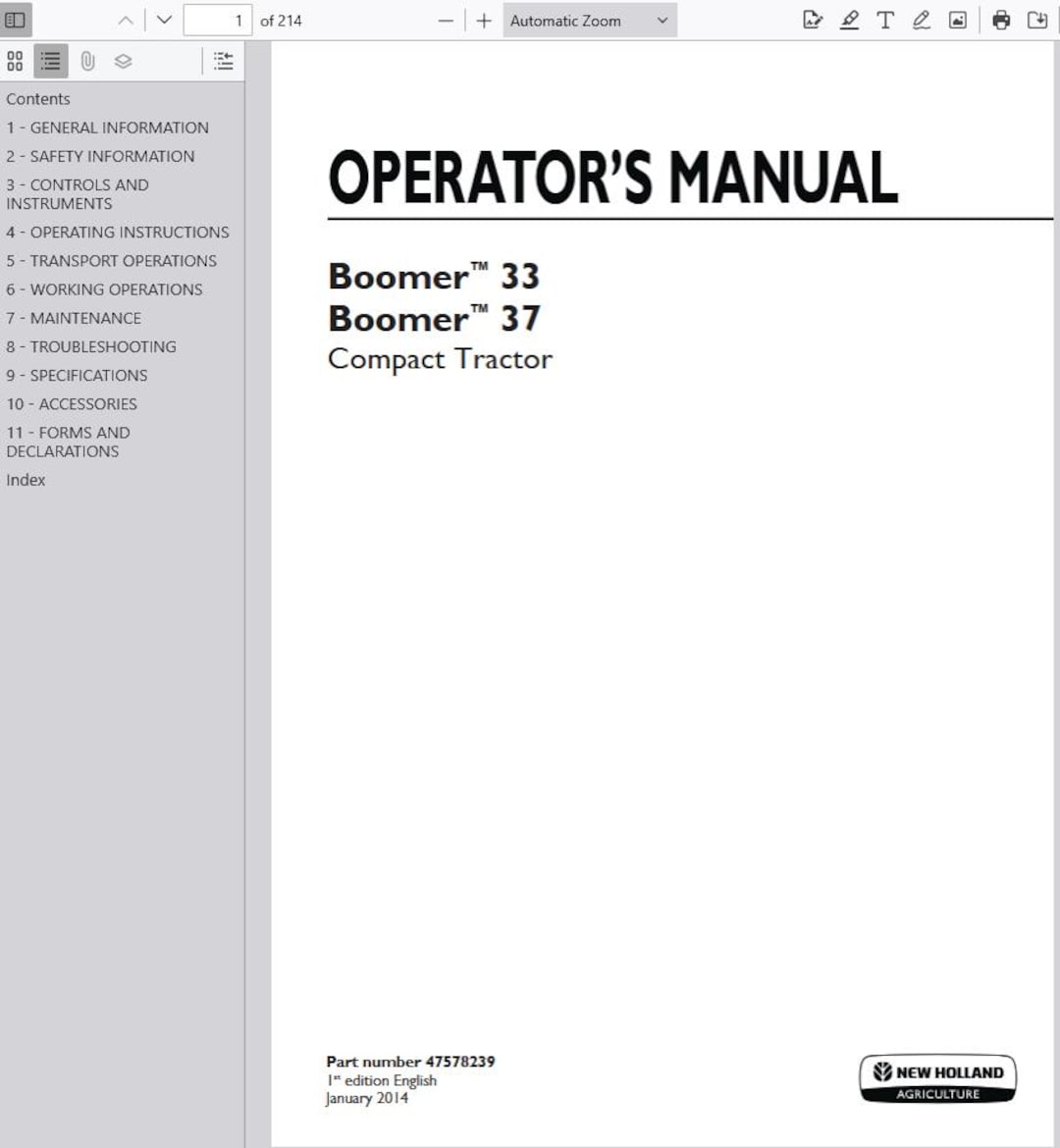 Operators - 33, 37 Boomers Tractors New Holland Owners Operation Manual ...
