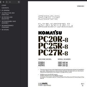以下が含まれることがあります： コマツPC20R-8、PC25R-8、PC27R-8機械用のショップマニュアル。表紙には、太字でアウトラインされたフォントで「SHOP MANUAL」というタイトルが表示され、コマツのロゴとモデル番号がはっきりと読みやすいスタイルで表示されています。マニュアルには、機械モデルとシリアル番号の情報が含まれています。