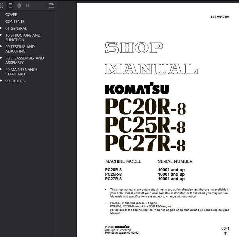 以下が含まれることがあります： コマツPC20R-8、PC25R-8、PC27R-8機械用のショップマニュアル。表紙には、太字でアウトラインされたフォントで「SHOP MANUAL」というタイトルが表示され、コマツのロゴとモデル番号がはっきりと読みやすいスタイルで表示されています。マニュアルには、機械モデルとシリアル番号の情報が含まれています。
