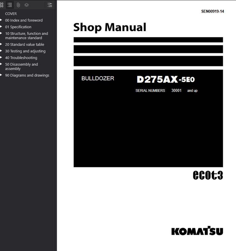 May include: A white shop manual with the title "Shop Manual" and the text "BULLDOZER D275AX-5E0". The manual includes a table of contents on the left side and the Komatsu logo at the bottom.