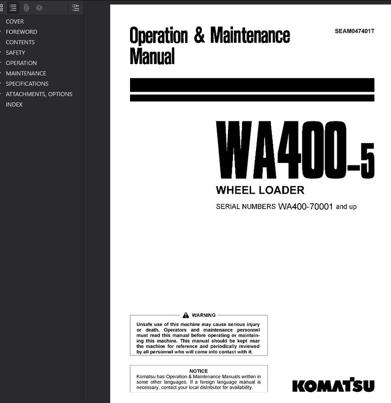 May include: A white manual titled "Operation & Maintenance Manual" with the text "WA400-5 WHEEL LOADER" in large, bold, black letters. The Komatsu logo is in the bottom right corner. The manual is for serial numbers WA400-70001 and up.