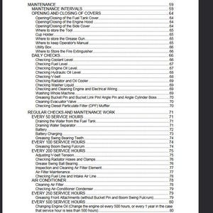 May include: A page from a manual with a table of contents. The headings include "Maintenance," "Daily Checks," and "Regular Checks and Maintenance Work." The text lists various maintenance intervals and procedures.