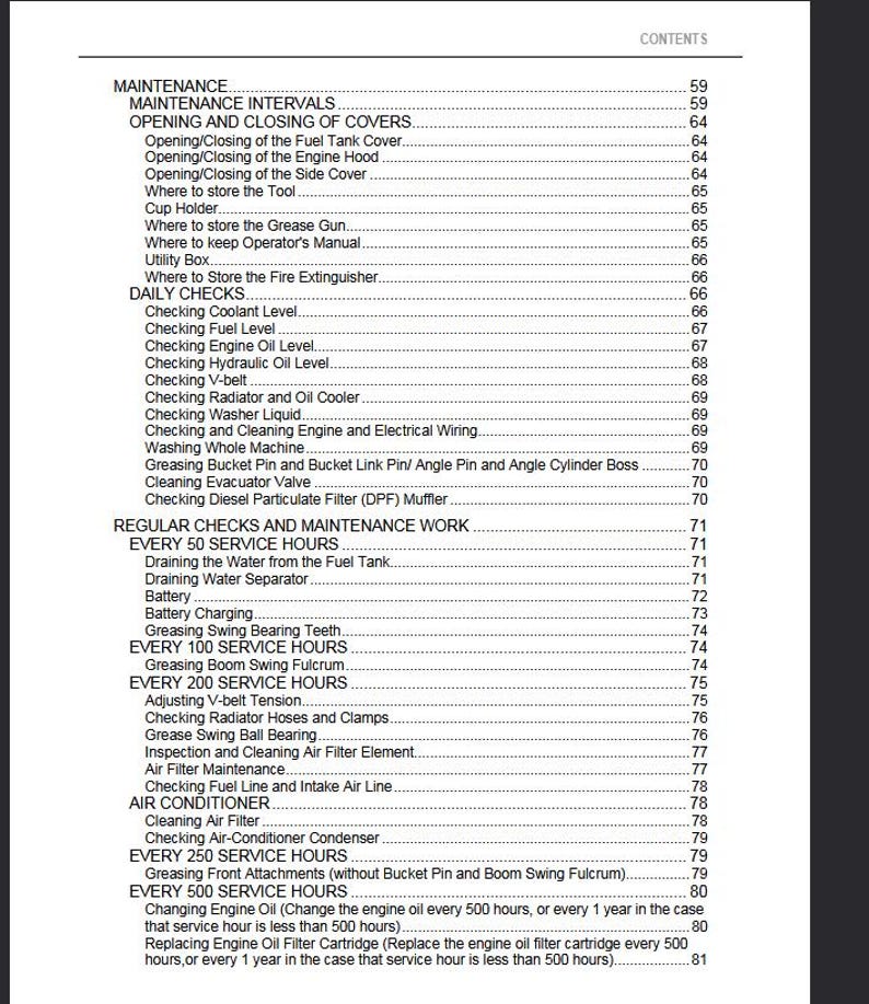 May include: A page from a manual with a table of contents. The headings include "Maintenance," "Daily Checks," and "Regular Checks and Maintenance Work." The text lists various maintenance intervals and procedures.