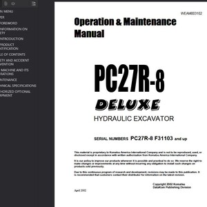 以下が含まれることがあります： PC27R-8 Deluxe 油圧ショベルの「操作とメンテナンスマニュアル」の白いページ。表紙には、モデル番号やマニュアルのタイトルを含む太字の黒い文字が使用されています。このドキュメントには技術仕様が含まれています。