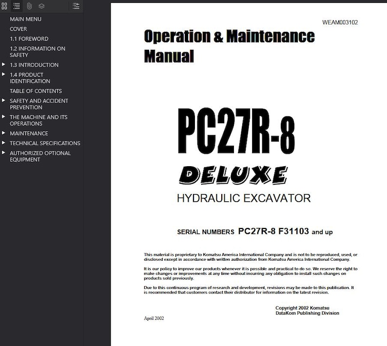 以下が含まれることがあります： PC27R-8 Deluxe 油圧ショベルの「操作とメンテナンスマニュアル」の白いページ。表紙には、モデル番号やマニュアルのタイトルを含む太字の黒い文字が使用されています。このドキュメントには技術仕様が含まれています。