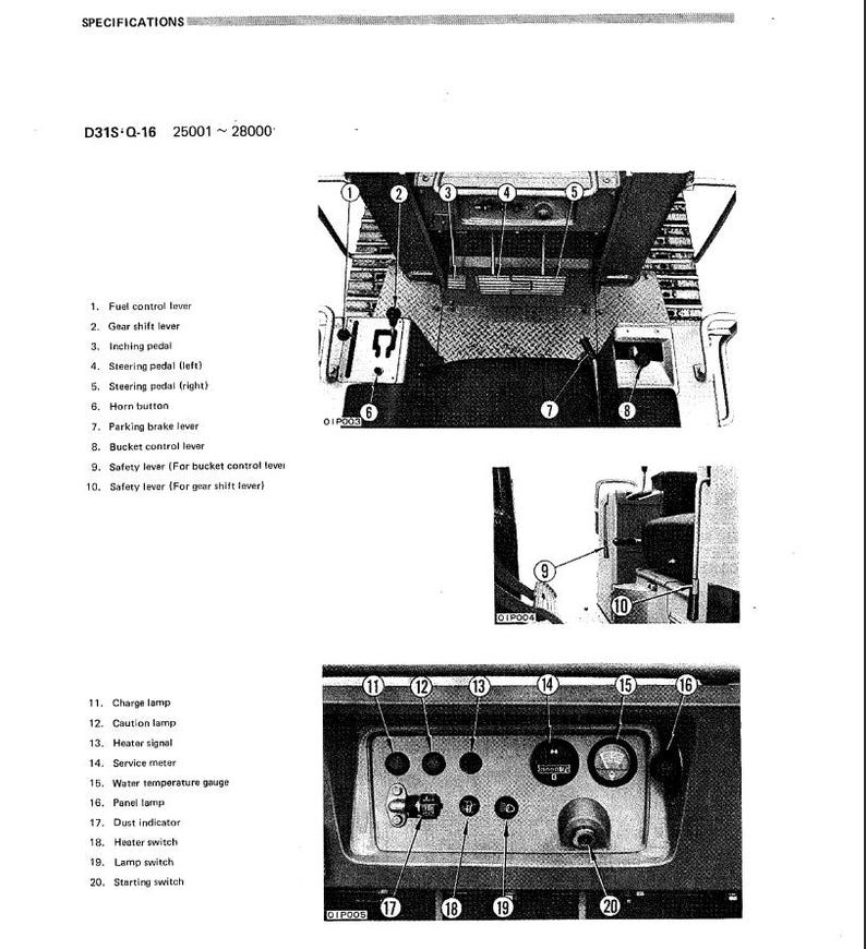 May include: Black and white diagram of a D31S-Q-16 machine's interior. The diagram includes labeled parts such as levers, pedals, and gauges. Text at the top reads "SPECIFICATIONS" and "D31S-Q-16 25001 ~ 28000".