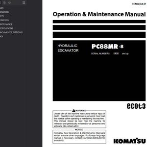 K&ouml;nnte beinhalten: Ein wei&szlig;es und schwarzes Handbuch mit dem Titel "Bedienungs- und Wartungshandbuch" f&uuml;r einen Hydraulikbagger, Modell PC88MR-8. Das Handbuch enth&auml;lt Sicherheitshinweise und -mitteilungen. Das Komatsu-Logo befindet sich unten.