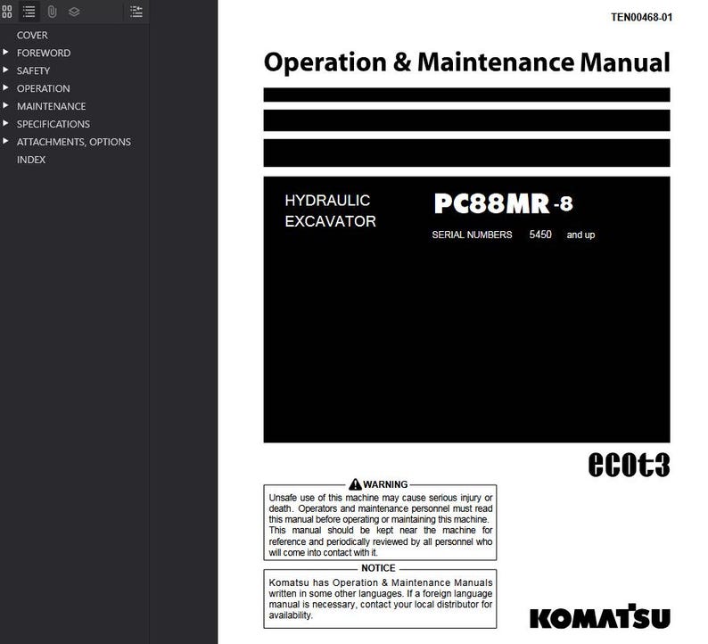 K&ouml;nnte beinhalten: Ein wei&szlig;es und schwarzes Handbuch mit dem Titel "Bedienungs- und Wartungshandbuch" f&uuml;r einen Hydraulikbagger, Modell PC88MR-8. Das Handbuch enth&auml;lt Sicherheitshinweise und -mitteilungen. Das Komatsu-Logo befindet sich unten.
