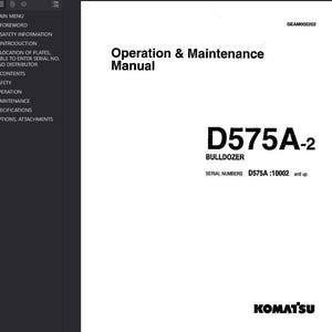 Op de afbeelding: Een witte handleiding getiteld "Operation & Maintenance Manual" met modelnummer D575A-2 voor een bulldozer. De handleiding bevat het Komatsu-logo en serienummerinformatie.