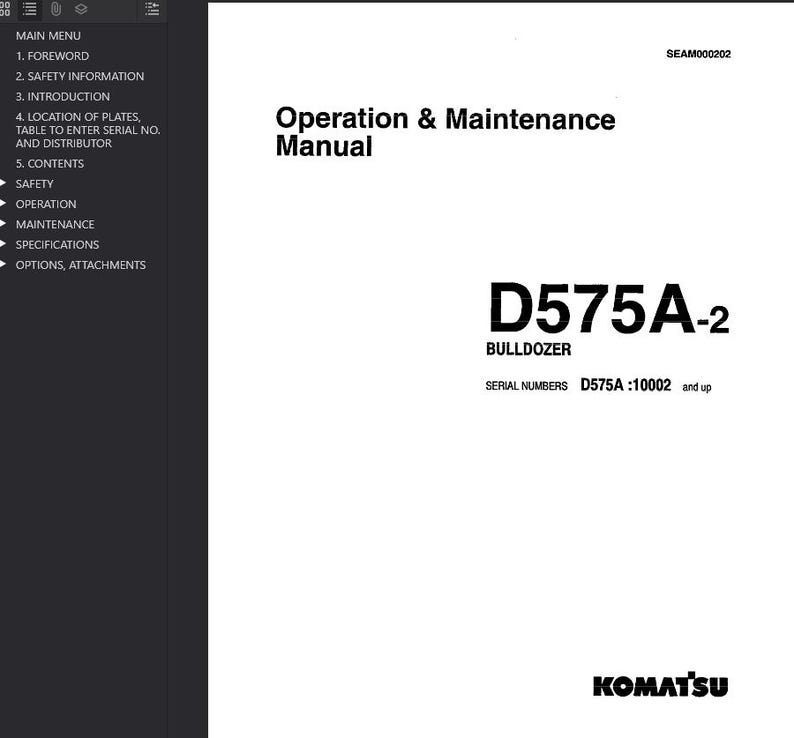 Op de afbeelding: Een witte handleiding getiteld "Operation & Maintenance Manual" met modelnummer D575A-2 voor een bulldozer. De handleiding bevat het Komatsu-logo en serienummerinformatie.