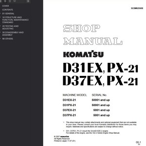 May include: A white shop manual for Komatsu D31EX, PX-21 and D37EX, PX-21 machines. The cover features the text "SHOP MANUAL" and the Komatsu logo. The manual includes machine model and serial number information.