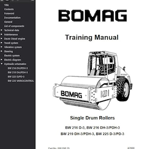 Puede incluir: Ilustración en blanco y negro de un manual de formación BOMAG. La portada presenta el logotipo de BOMAG, las palabras "Manual de formación" y un dibujo de un rodillo monocilíndrico. El manual enumera varios modelos.