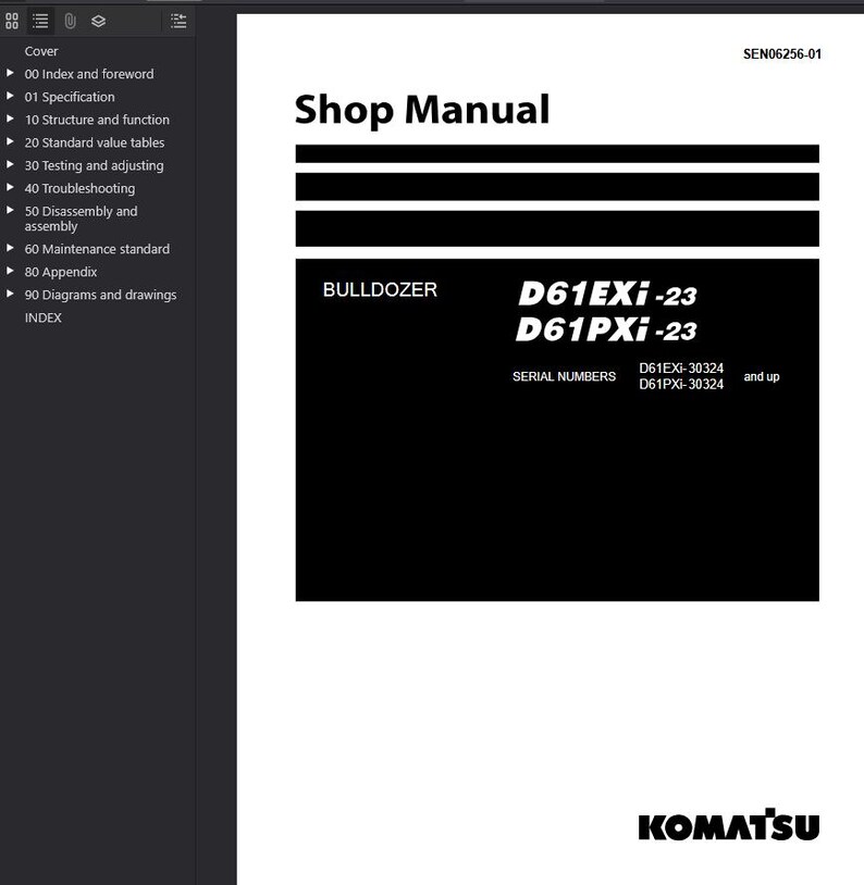 May include: A white Shop Manual with black text. The manual includes the text "BULLDOZER D61EXI-23 D61PXI-23" and "SERIAL NUMBERS D61EXI-30324 D61PXI-30324 and up". The Komatsu logo is at the bottom.