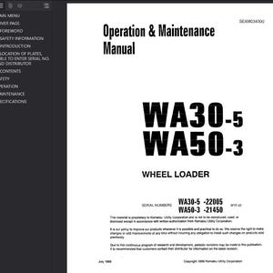 Pu&ograve; includere: Un manuale bianco intitolato "Operation & Maintenance Manual" con i numeri di modello WA30-5 e WA50-3 per una pala gommata. Il manuale include i numeri di serie e le informazioni sul copyright del 1999.
