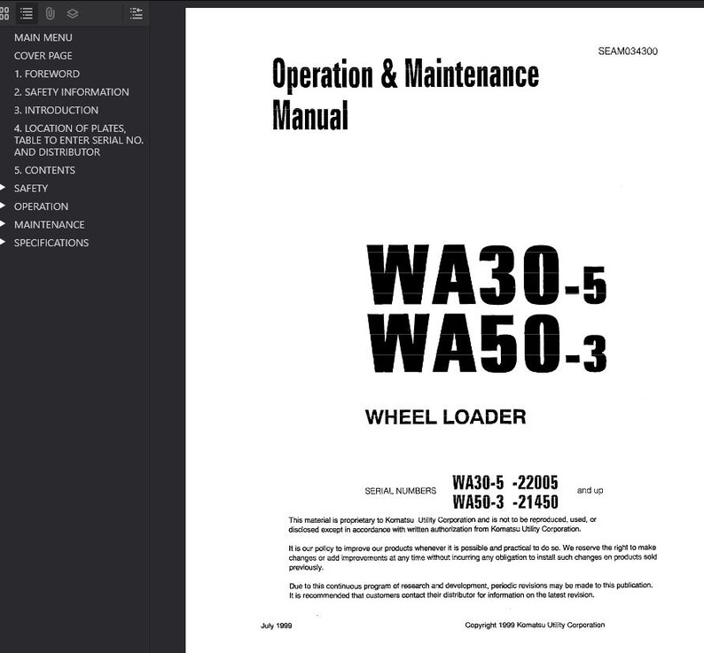 Pu&ograve; includere: Un manuale bianco intitolato "Operation & Maintenance Manual" con i numeri di modello WA30-5 e WA50-3 per una pala gommata. Il manuale include i numeri di serie e le informazioni sul copyright del 1999.