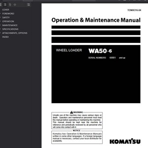 Peut inclure: Un manuel noir et blanc intitul&eacute; "Manuel d'utilisation et d'entretien" pour une chargeuse sur pneus WA50-6. Le manuel comprend des avertissements et des avis, avec le logo Komatsu en bas.