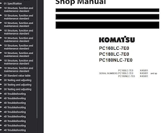 Komatsu PC160LC-7E0, PC180LC-7E0, PC180NLC-7E0 Shop Manual Excavator PDF Download Service Repair