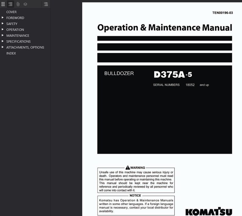 May include: A black and white manual titled "Operation & Maintenance Manual" for a D375A-5 bulldozer. The manual includes warnings and notices, and the Komatsu logo is visible at the bottom.