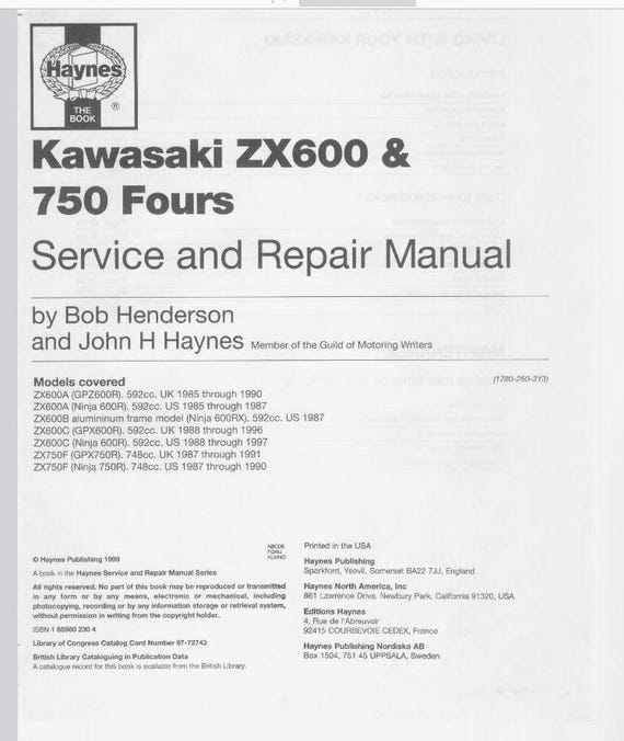 Kawasaki ZX600, ZX750 1985-1997 Service Repair Manual Pdf Download