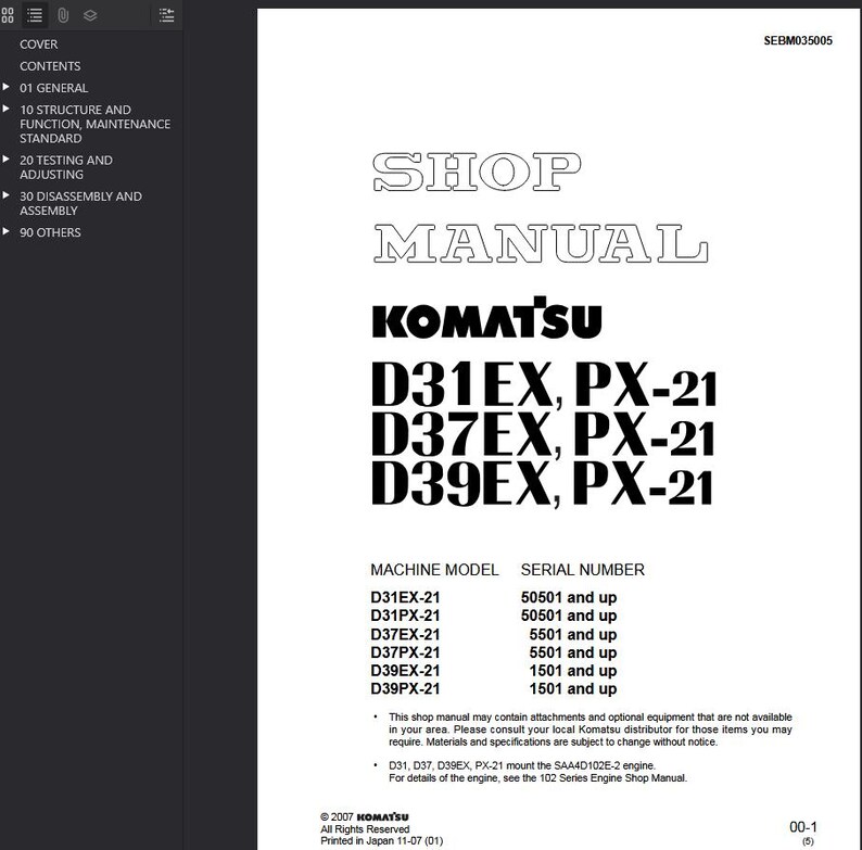 May include: A white shop manual with the Komatsu logo and model numbers D31EX, PX-21, D37EX, PX-21, and D39EX, PX-21. The manual includes machine model and serial number information.