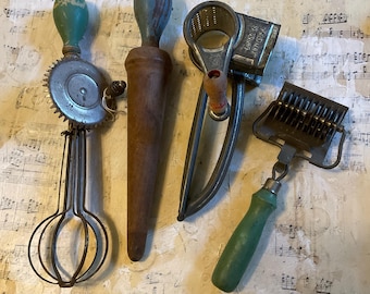 Vintage Graters, Egg Beater, Herb Slicer Art Assemblage Supplies