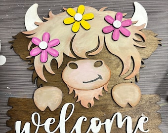 Highland Cow Welcome Door Hanger Sign Handmade
