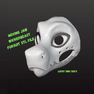 May include: A white 3D-printed Wickerbeast fursuit head with a moving jaw. The design includes large eye sockets, a snout, and various openings. Text on the image reads "MOVING JAW WICKERBEAST FURSUIT STL FILE" and "LUCKY DINO SUITS".