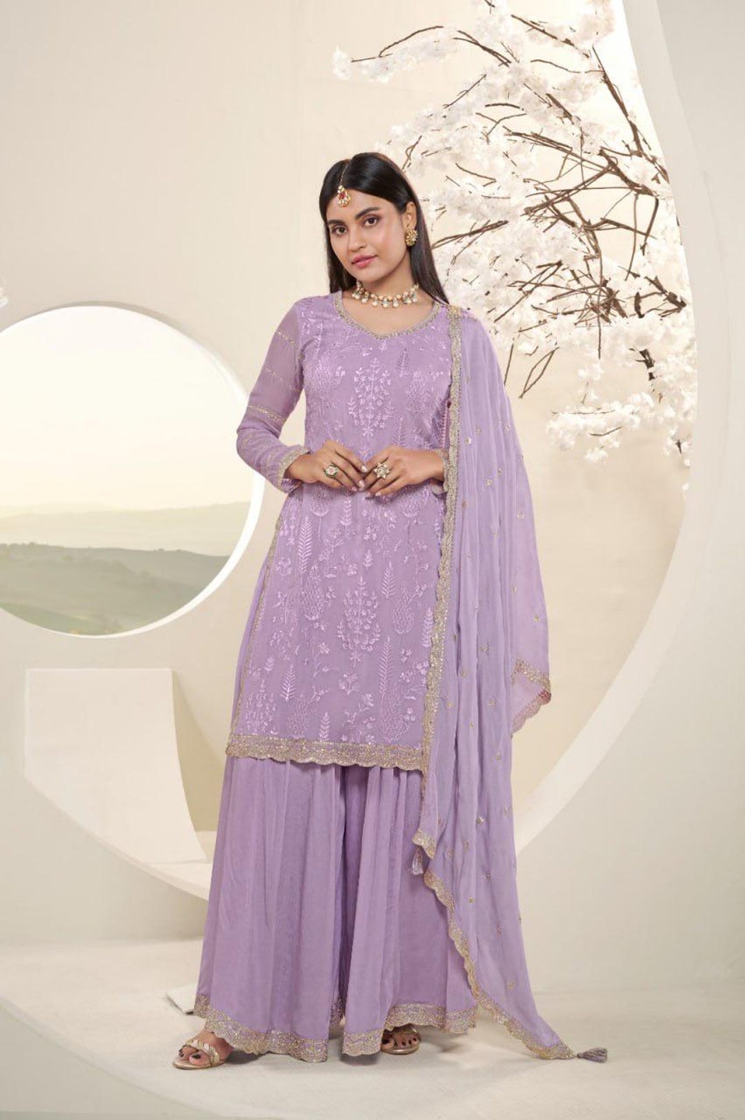 Yellow Georgette Sharara Set with Mirrorwork main image 1
