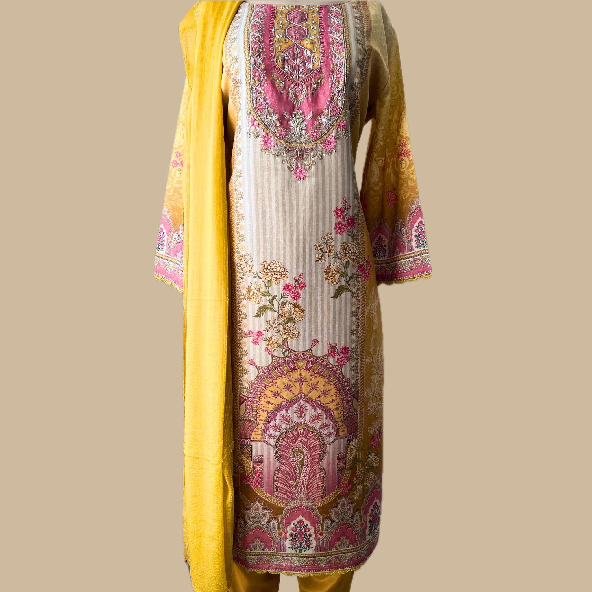 Women Yellow Chinon Un Stitched Suit Ethnic Collections main image 0
