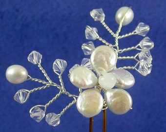 Pearl and moonstone flower hairpin for wedding, prom, ball