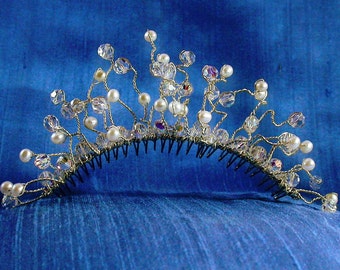 Sterling Silver Bridal Tiara Comb: Swarovski Crystal Pearl Vintage Headpiece