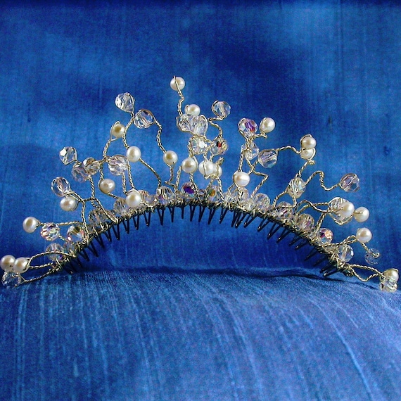 Sterling Silver Bridal Tiara Comb: Swarovski Crystal Pearl Vintage Headpiece