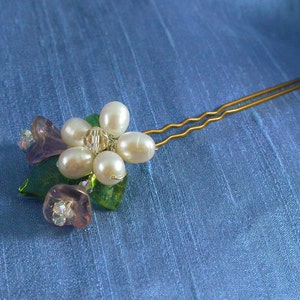 Bouquet Hairpin, Pearl Flower Hairpin, Glass Flower, Pink Purple Blue, Floral Hairpin for Garden Wedding image 2