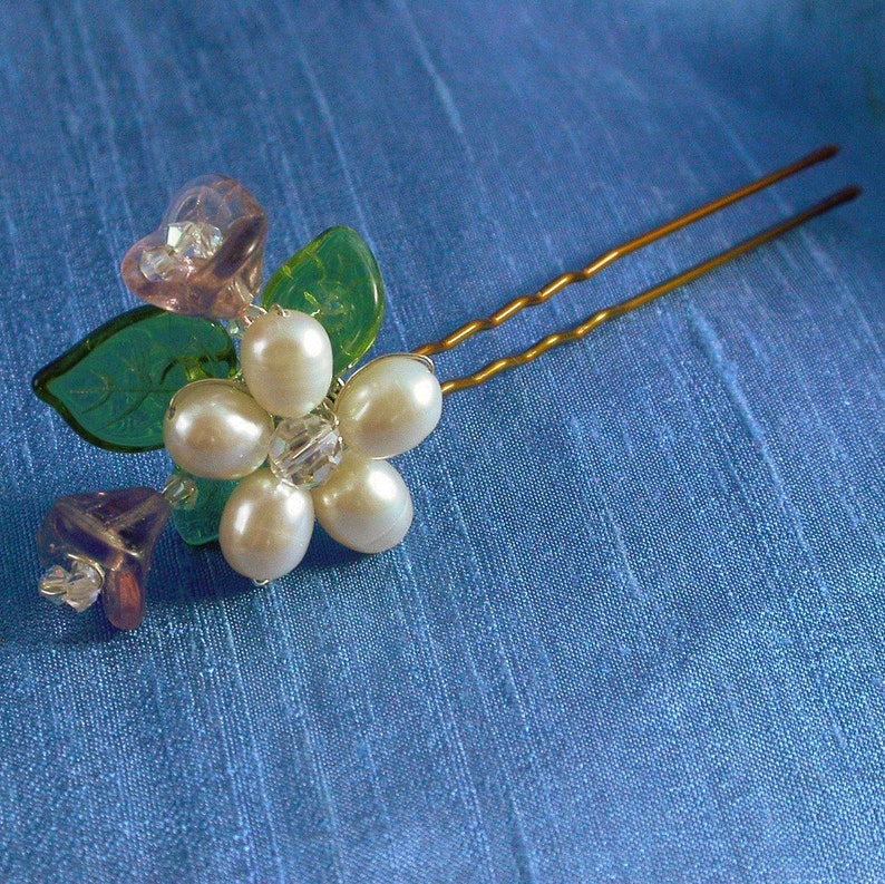 Bouquet Hairpin, Pearl Flower Hairpin, Glass Flower, Pink Purple Blue, Floral Hairpin for Garden Wedding image 1