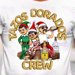 Pull de Noël laid Tazos Dorados PNG pour Noël, téléchargement numérique drôle t-shirt espagnol Borrachos Elf art mexicain png DTf Sublimation