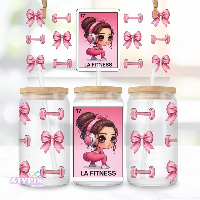 La Fitness 16oz Libbey glass can wrap PNG Funny Mexican Loteria Digital download Design Sublimation UvDtf Coquette Pink Bow Gym workout png image 1