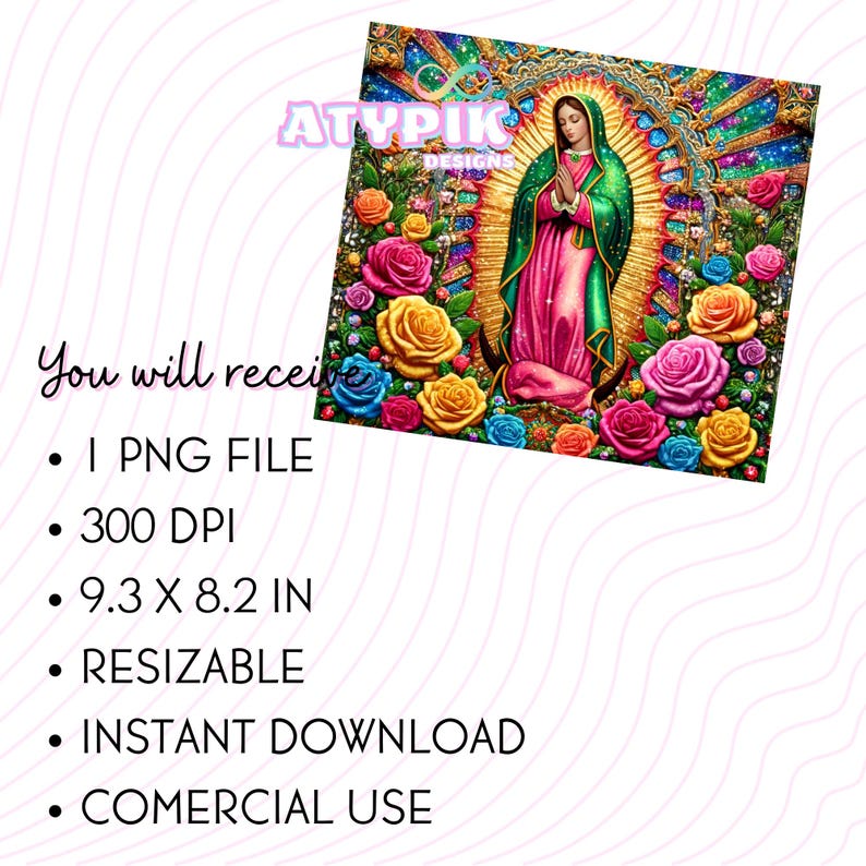 Virgen of Guadalupe 20oz beker wrap png digitaal ontwerp, Virgen de Mexico sublimatie, rozen beker, glitter beker latina, naadloos png afbeelding 2