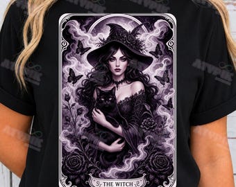 Häxans tarotkort PNG, gotisk sublimeringsdesign, söta häxvibbar svart katt kuslig tarot t-shirt mugg PNG, digital nedladdning av tumbler