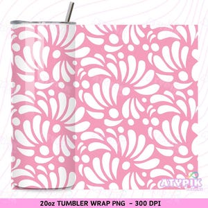 May include: A 20oz tumbler wrap design featuring a pink background with a white floral pattern. The design is seamless and can be used for sublimation or printing.