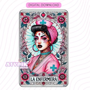 La Enfermera Tarot Karte PNG Digital Download designTumbler Becher T-shirt Design, Sublimation, spanisch mexikanische Kunst Chicana Nurse Clipart