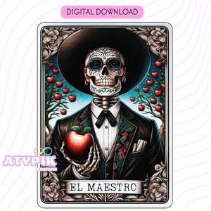 El Maestro PNG, Tarot-Karte Digitale Dateien, Dtf UVdtf Becher-T-Shirt PNG-Design, Sublimation, Spanisch Die Lehrer SKeleton Tarot-Karten