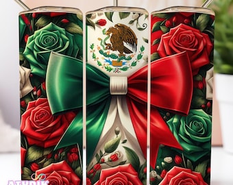 Mexican Flag Coquette Bow Tumbler Wrap PNG, Mexican Flag Art Latino 20oz Sublimation PNG, Straight Skinny Tumbler Digital Download Design